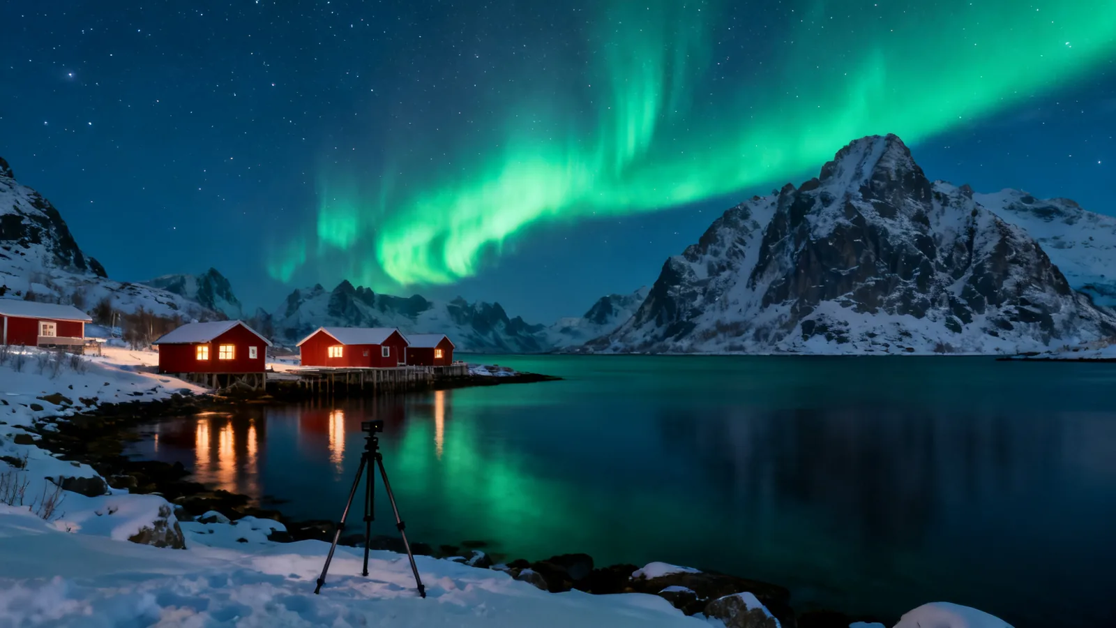 Aurora above a snowy Norwegian fjord and red houses