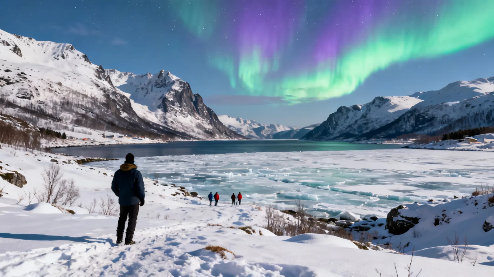 Visitors watching aurora above a snowy coastal valley
