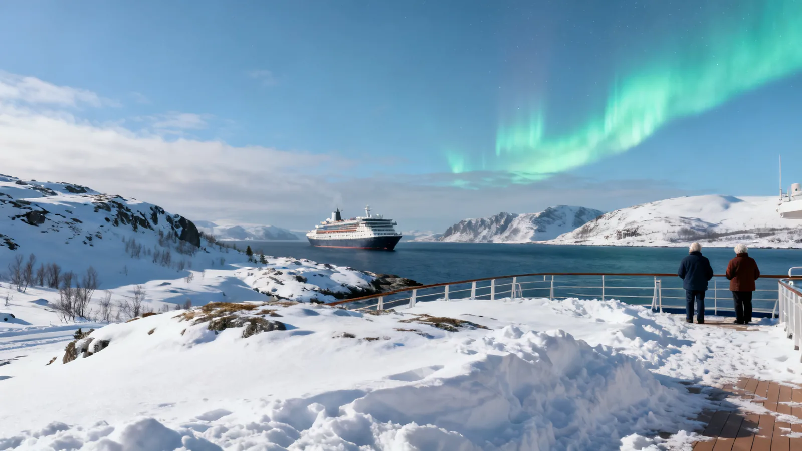 Visitors on a waterfront with a passenger vessel in the distance