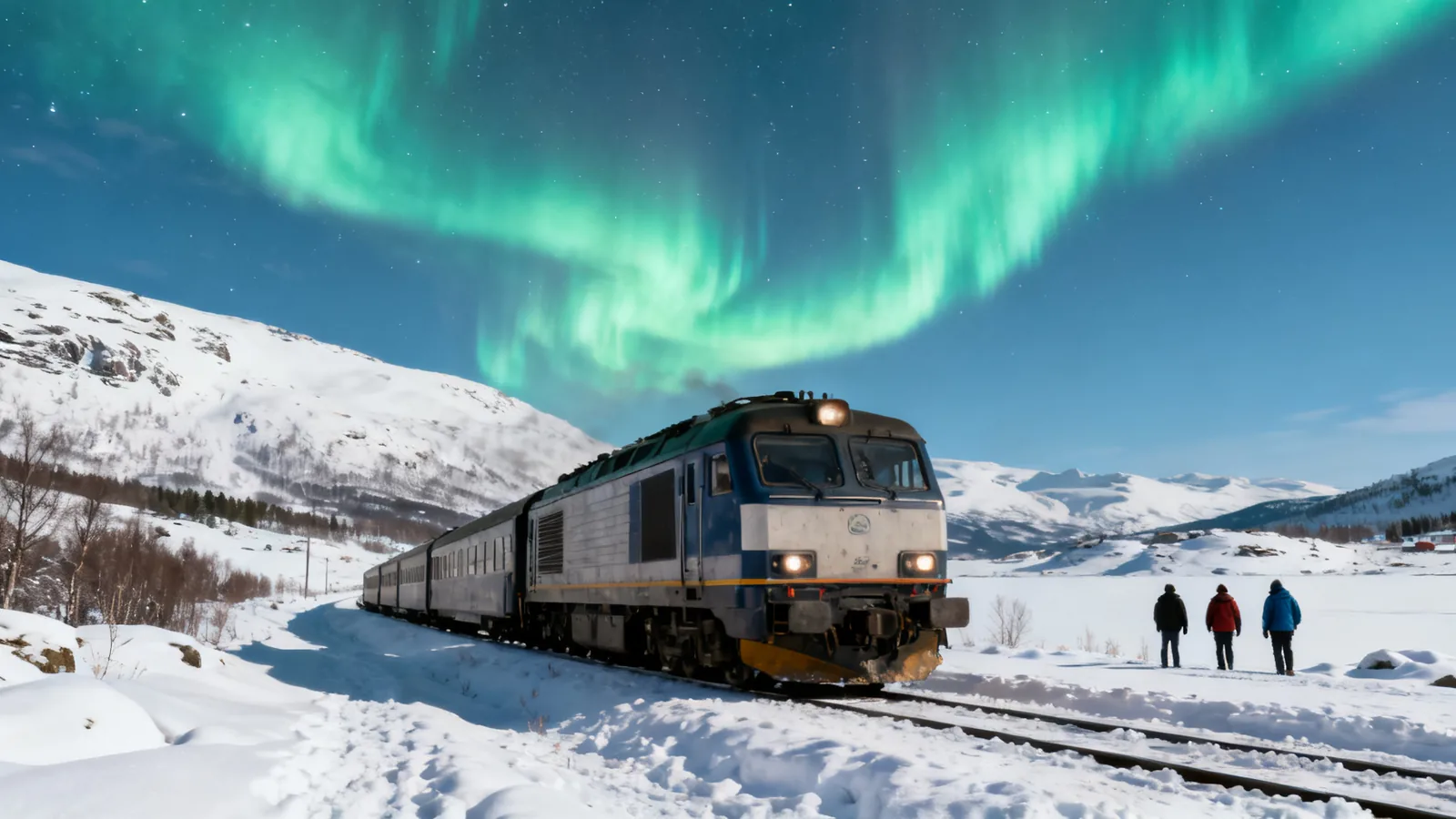 A train on snowy tracks beneath aurora