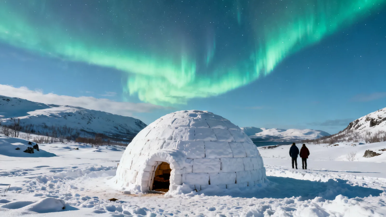 A snow-built igloo beneath aurora