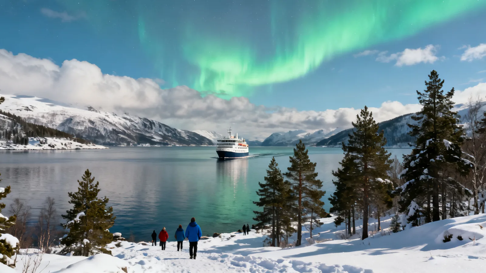Visitors on a fjord shore with a distant passenger boat