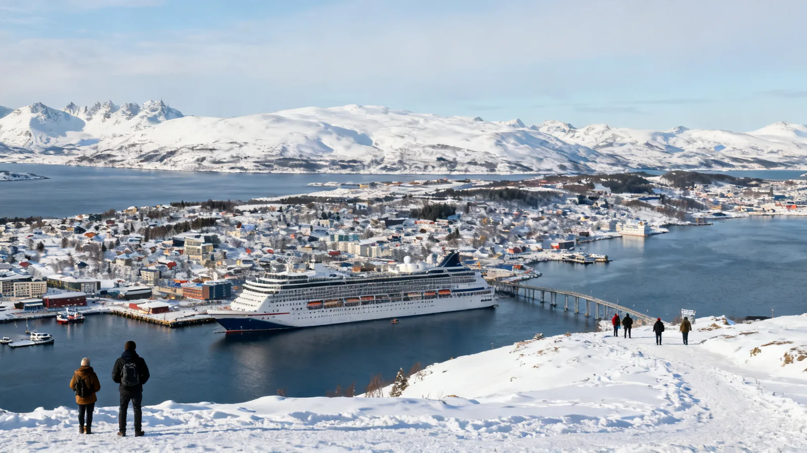 A winter harbour panorama with a passenger ship