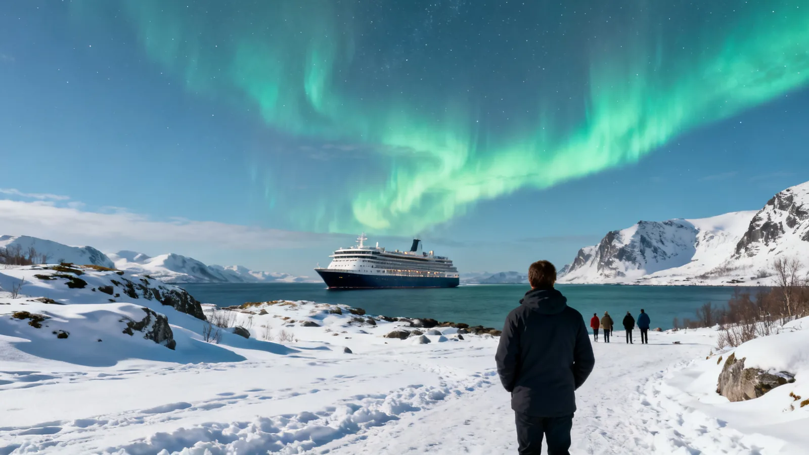 Travellers and a distant ship beneath coastal aurora