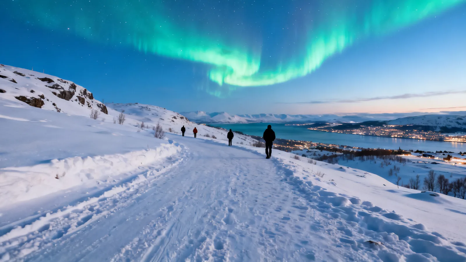 Aurora above a winter landscape and distant settlement lights