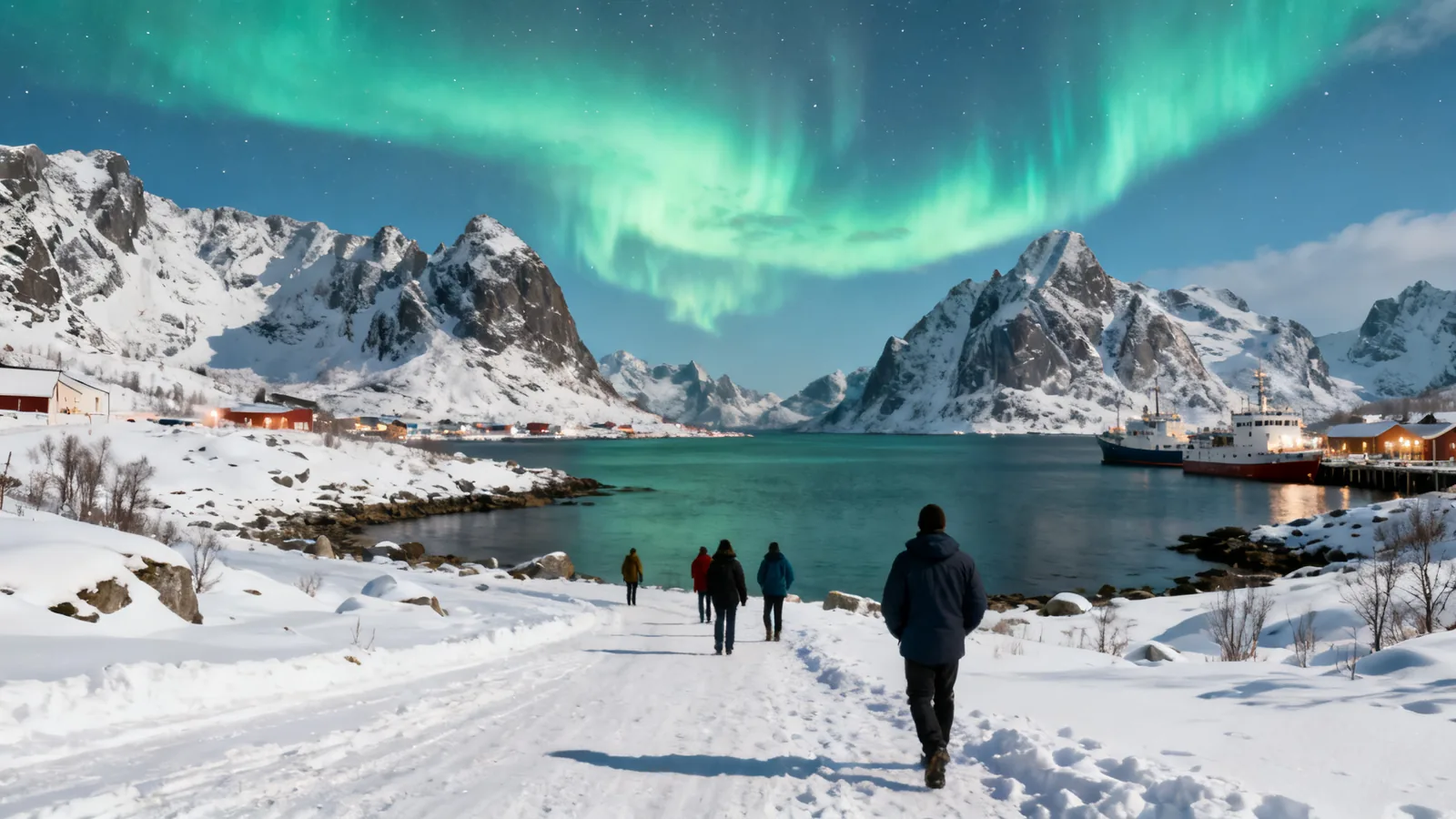 Visitors beneath aurora on a mountainous coast