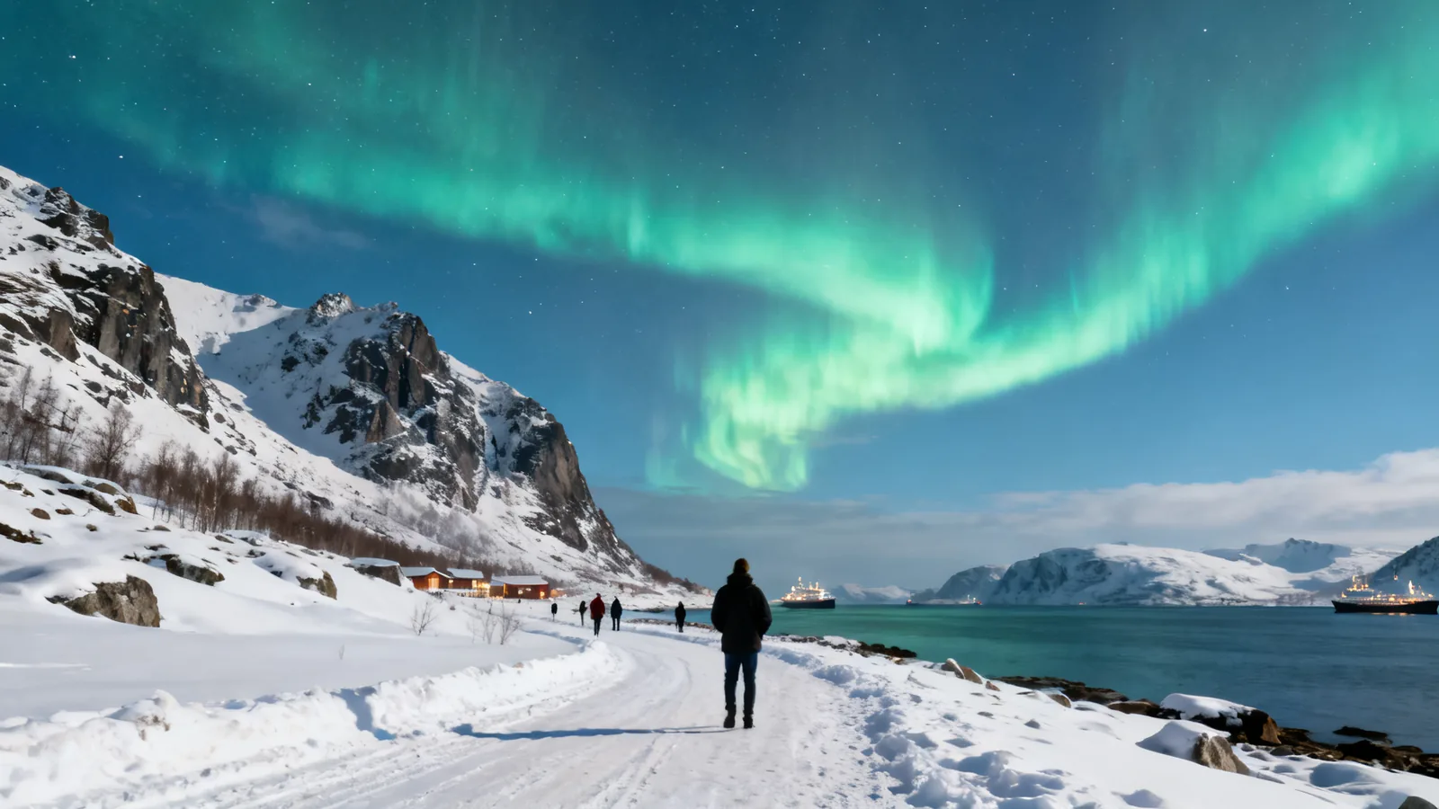 Aurora above a snow-covered coast