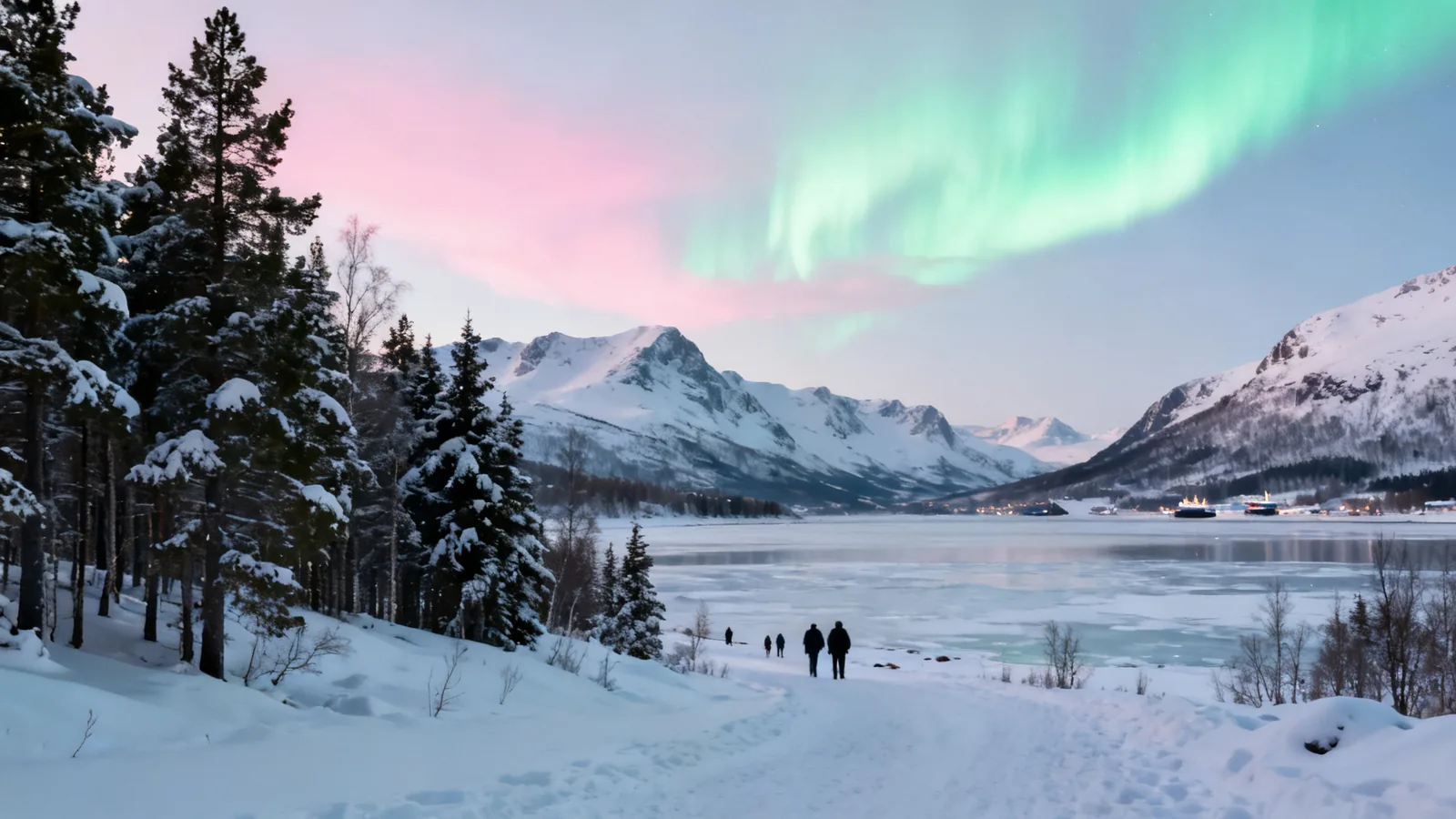 A tree-lined winter waterside beneath a coloured sky