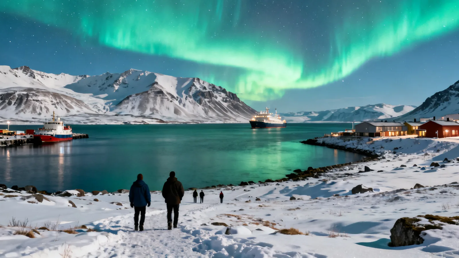 Visitors watching aurora beside an Arctic coast