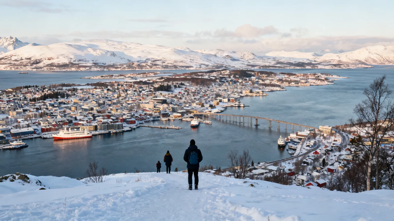 A snowy harbour panorama with distant visitors