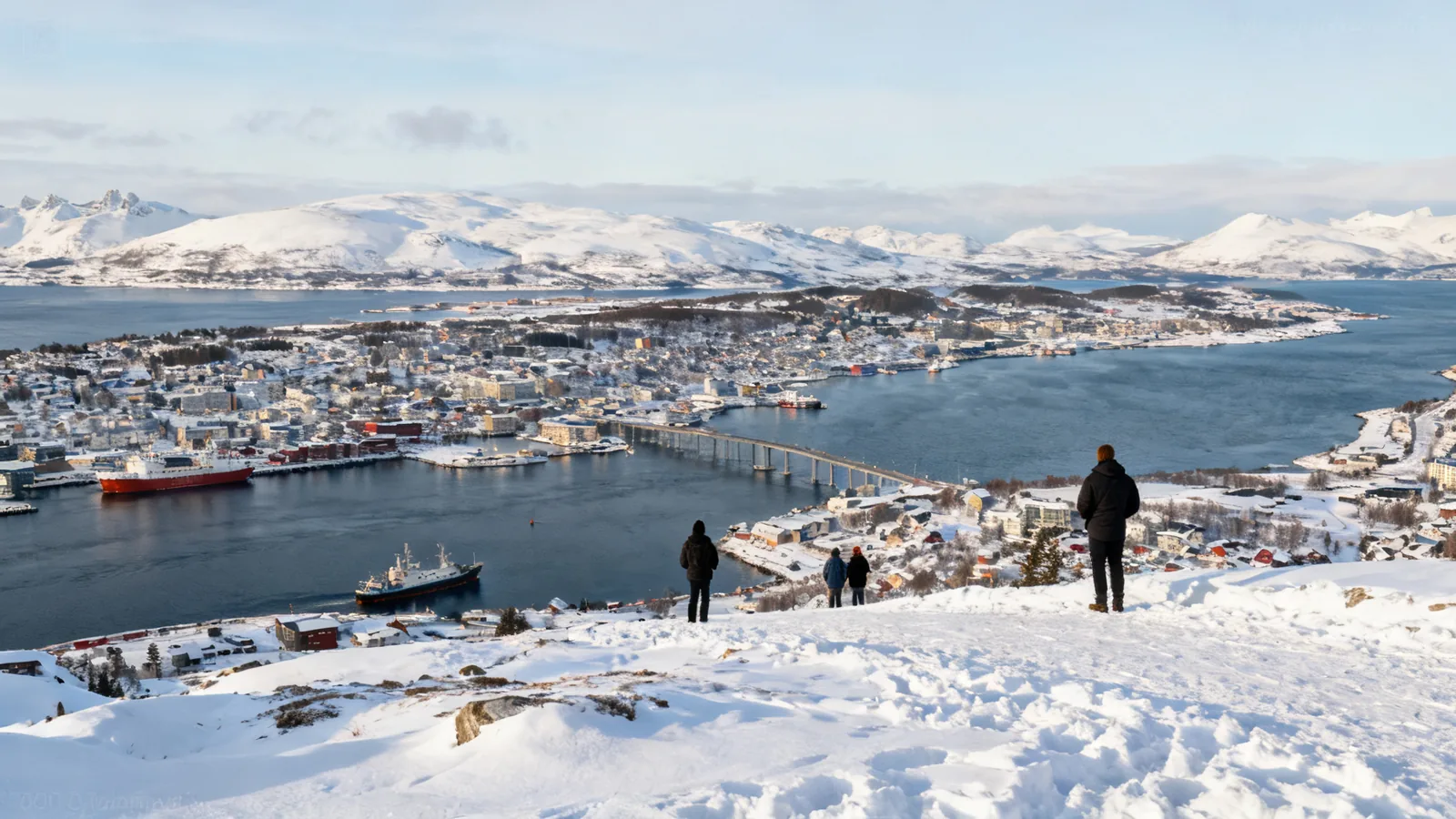 A snowy waterfront in winter daylight