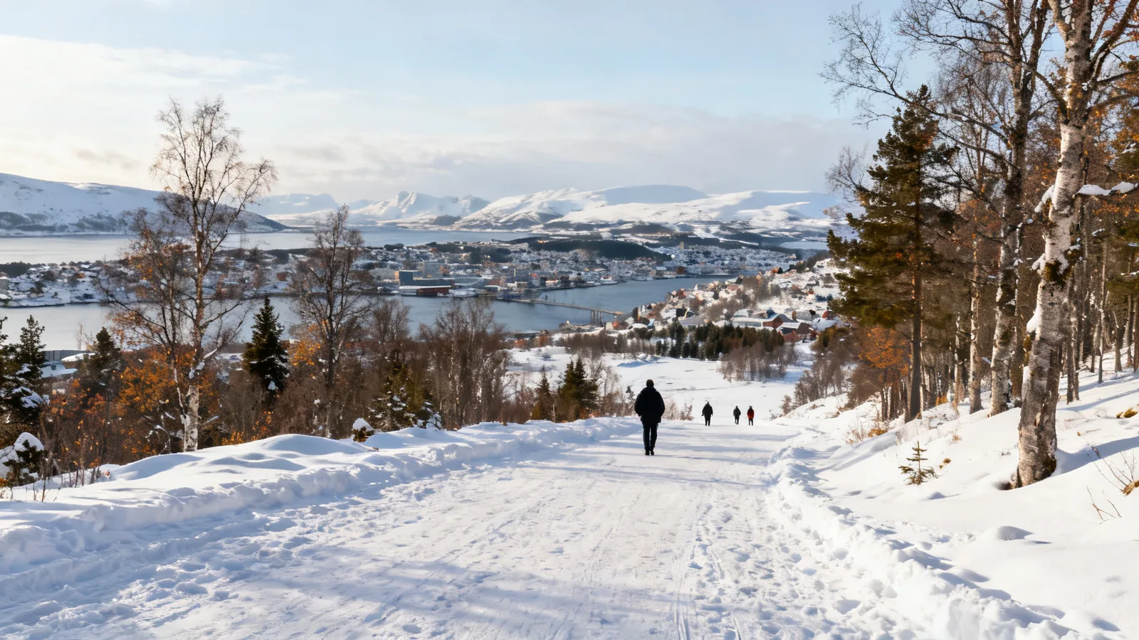 Walkers beside autumn trees and a snowy hillside town