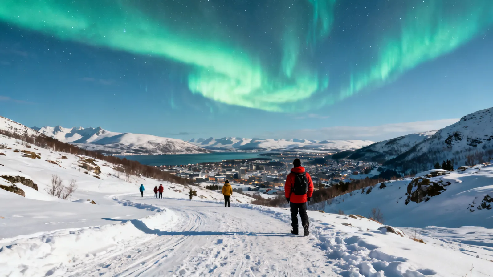 Travellers beneath aurora in a valley beside a fjord