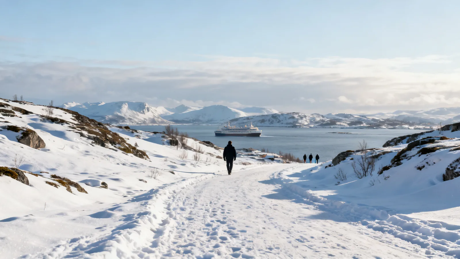 A snow-covered coastal landscape in daylight