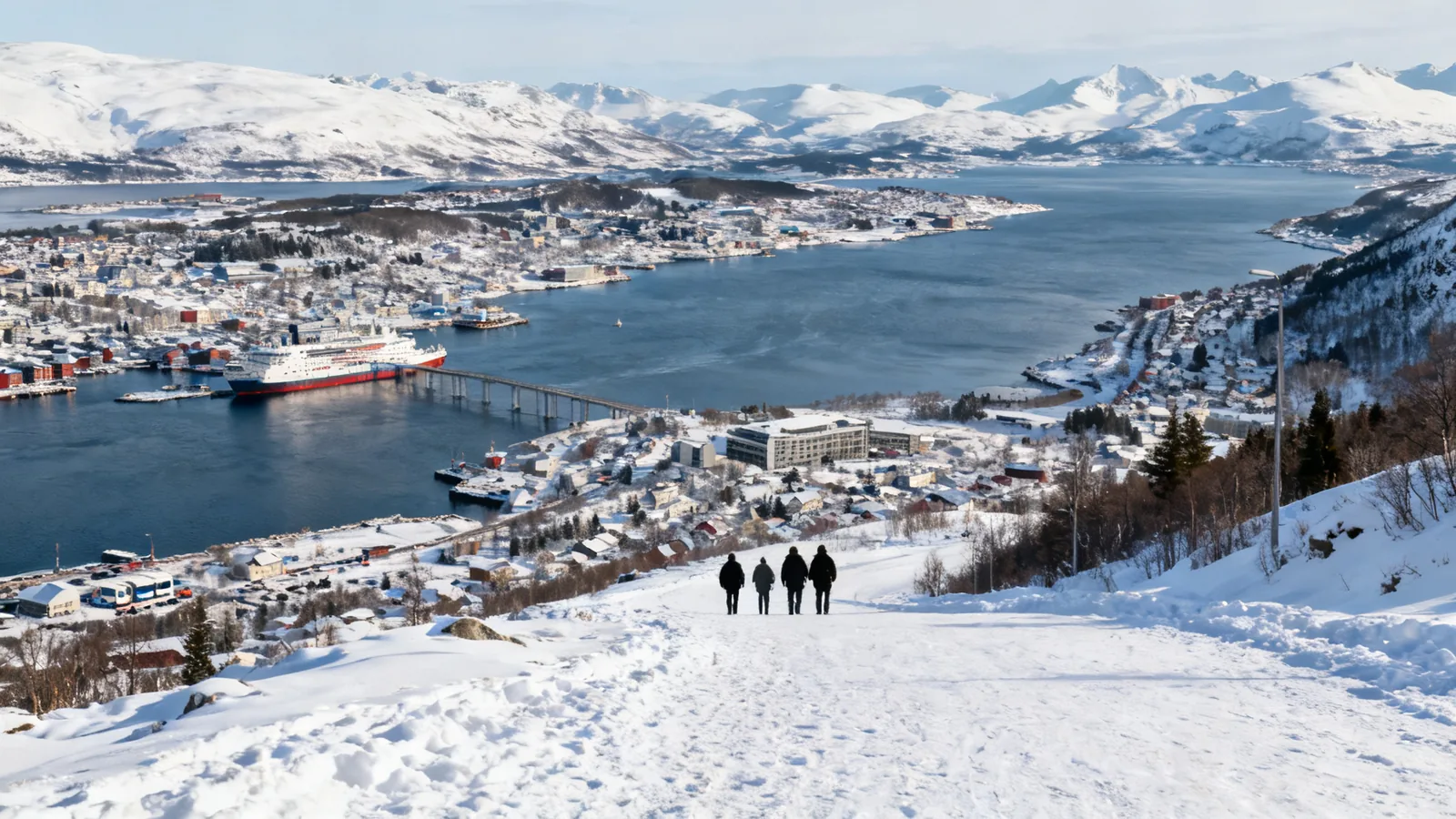 A town and harbour panorama in winter daylight