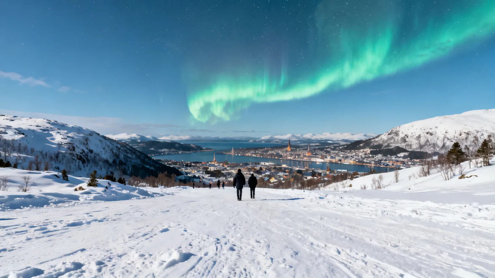 Aurora above distant town lights in a winter landscape