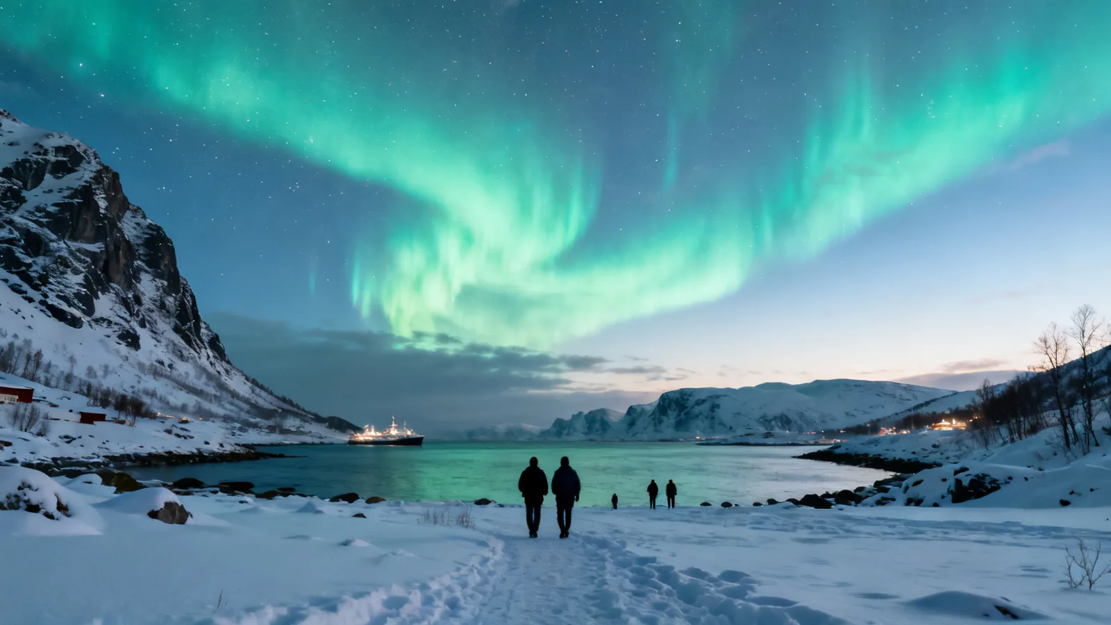 A snowy valley and fjord beneath aurora