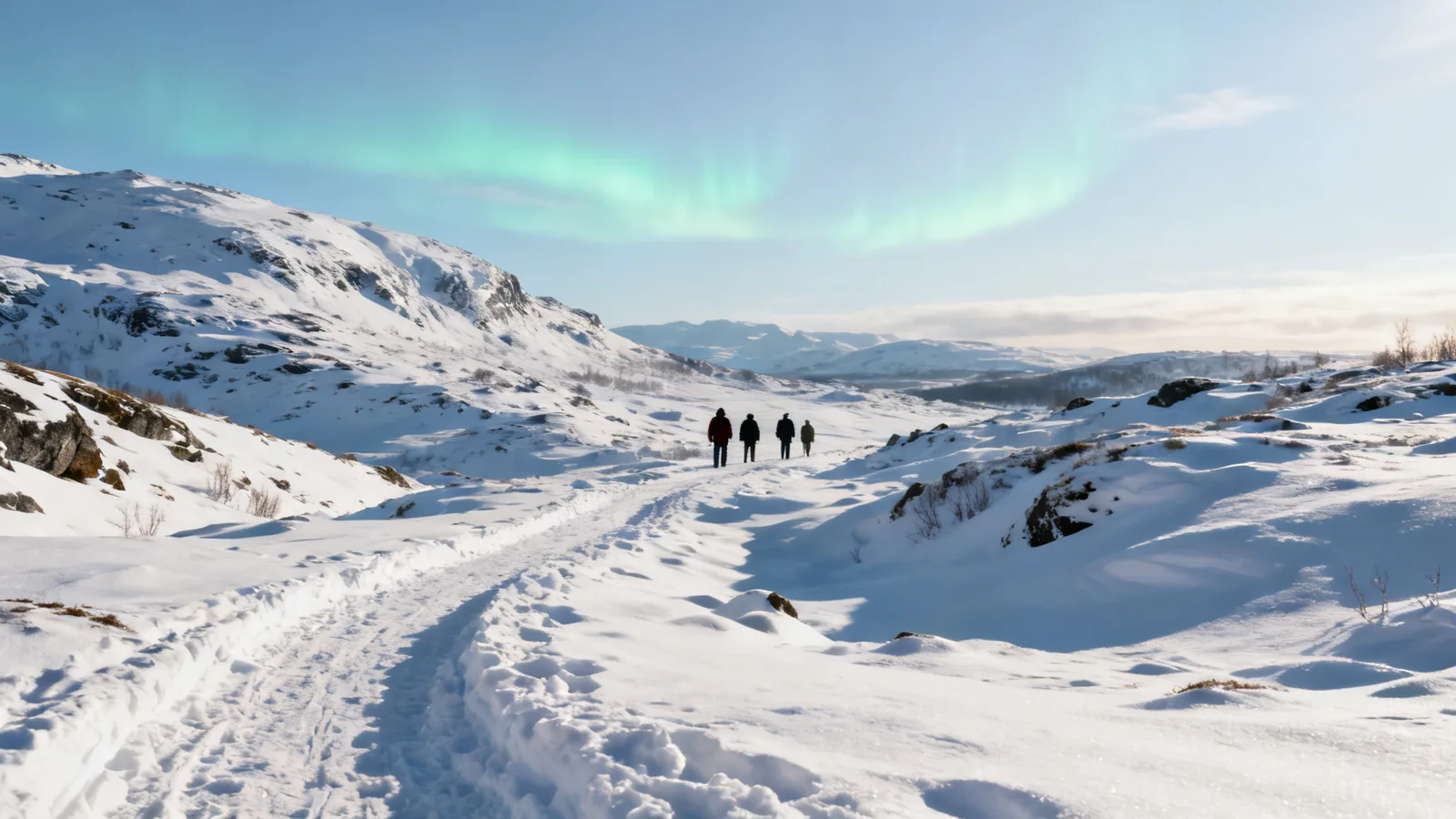 A distant group beneath aurora in a northern snow landscape