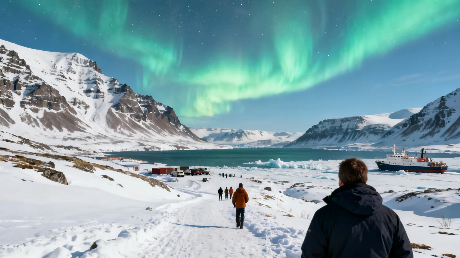 Travellers facing a coastal aurora display