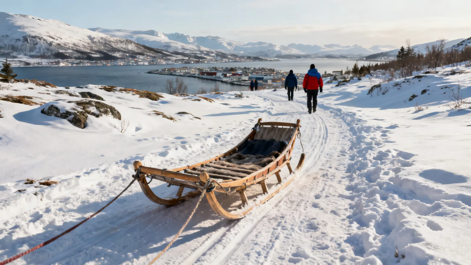 An empty wooden sled beside snowy ground and distant visitors