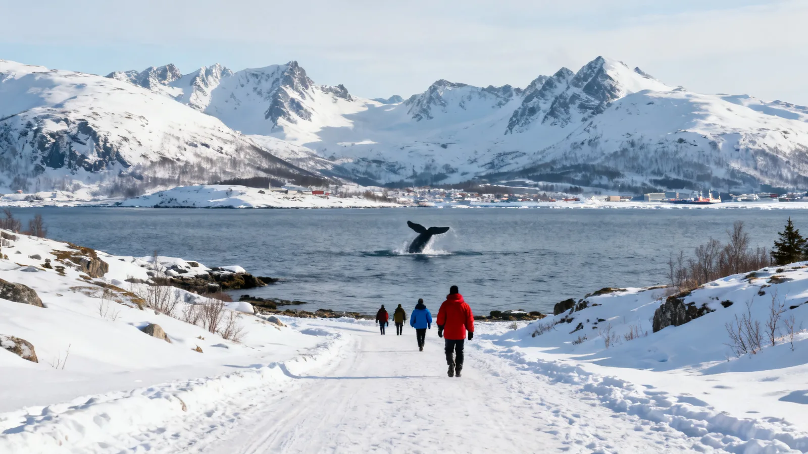 A whale tail above the water in a coastal bay