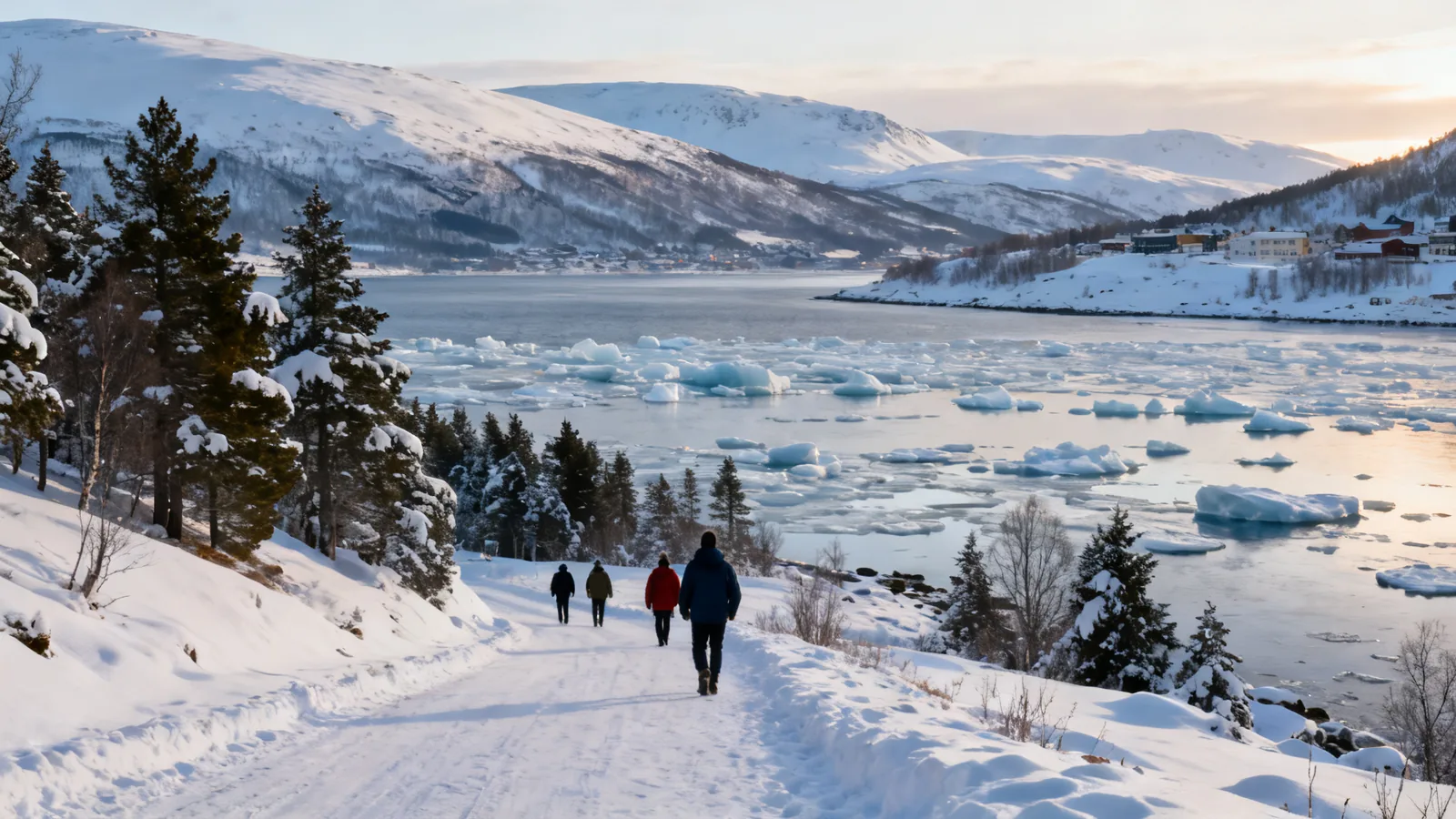 A distant group beside a snow-covered fjord