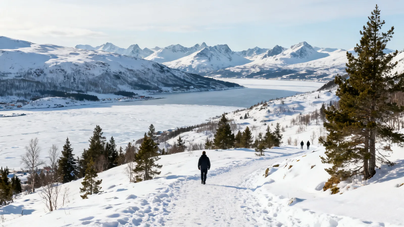 Distant walkers in a coastal winter landscape