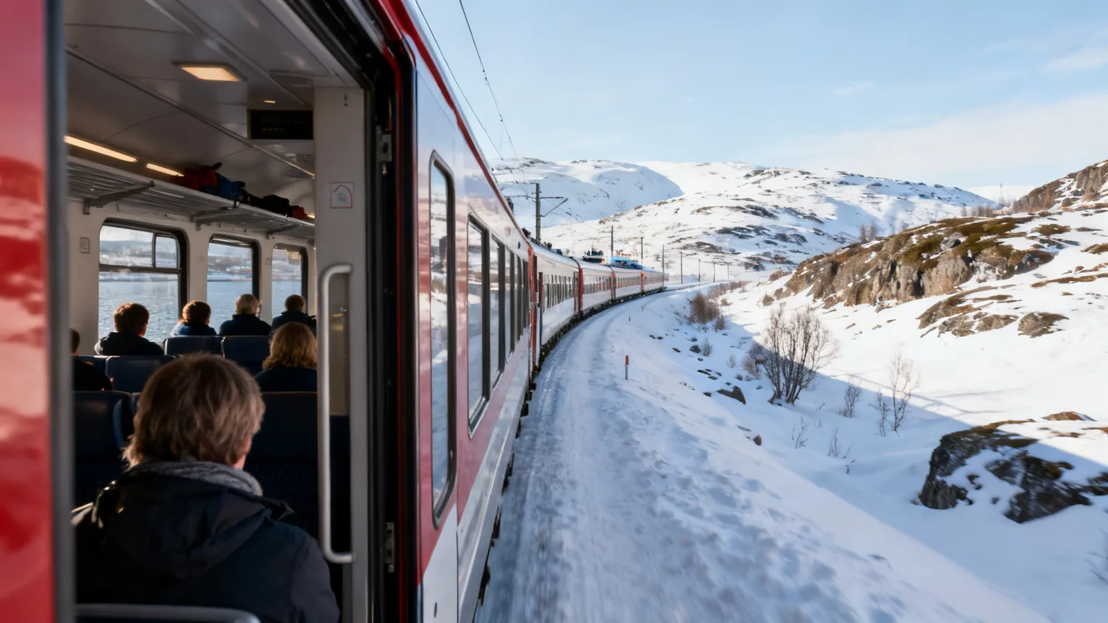 A passenger train crossing snowy terrain