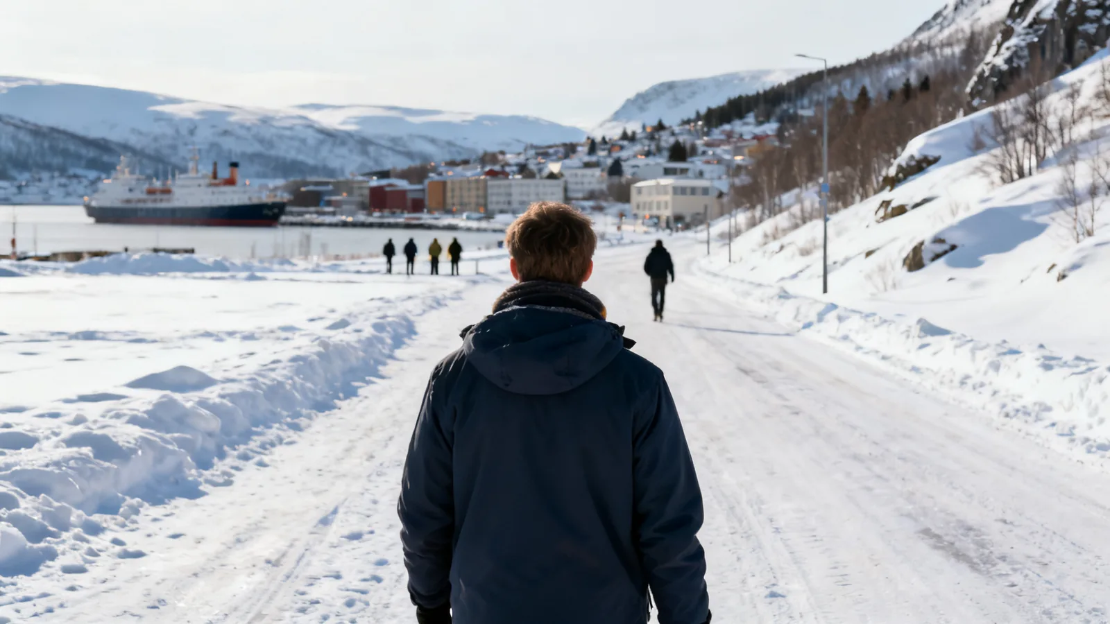 A visitor facing a snowy waterfront