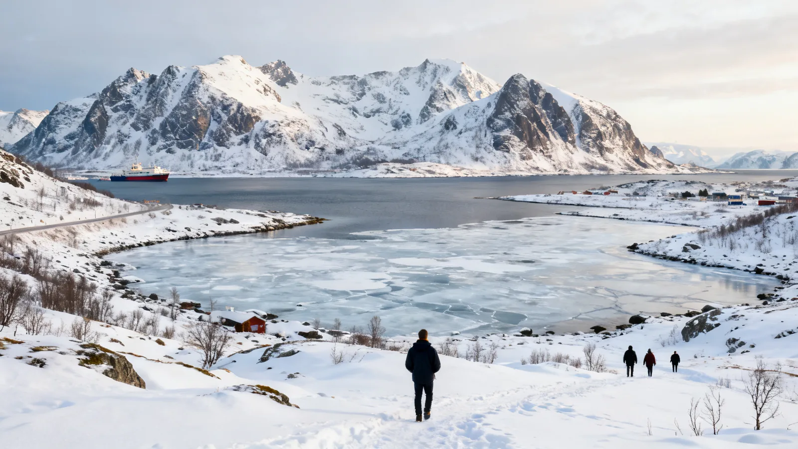 Visitors beside an icy bay and mountain coast