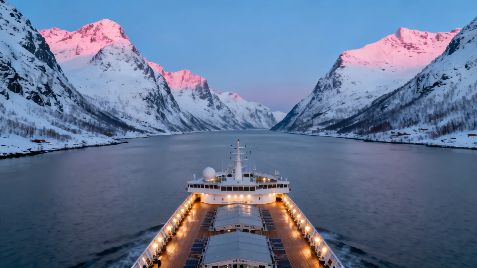 A coastal passenger ship in a snowy Norwegian fjord at blue hour