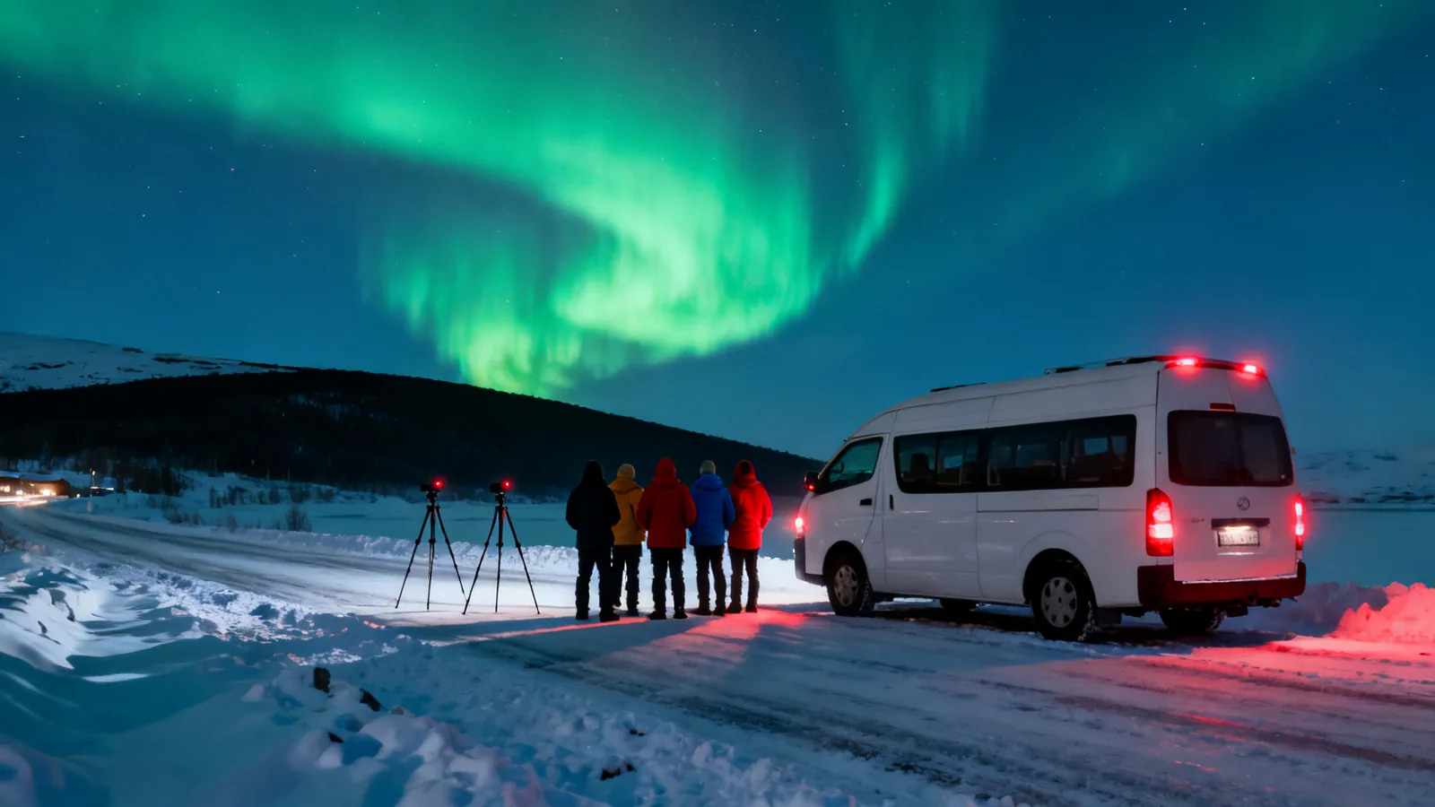 A small group beside a minibus beneath aurora
